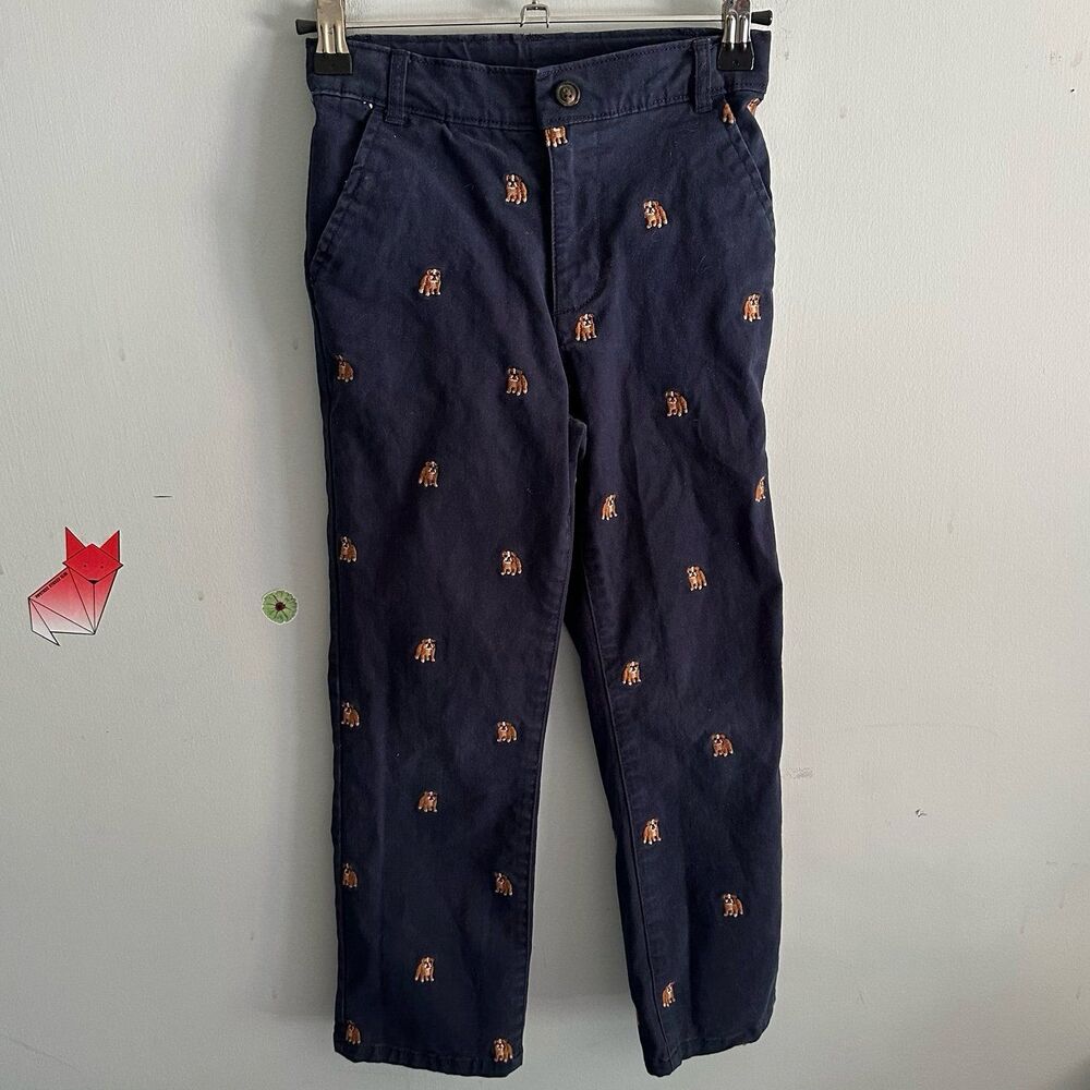 Gymboree Navy Blue Chino Pants with Tiny Bulldogs All Over Embroidery Size 6
